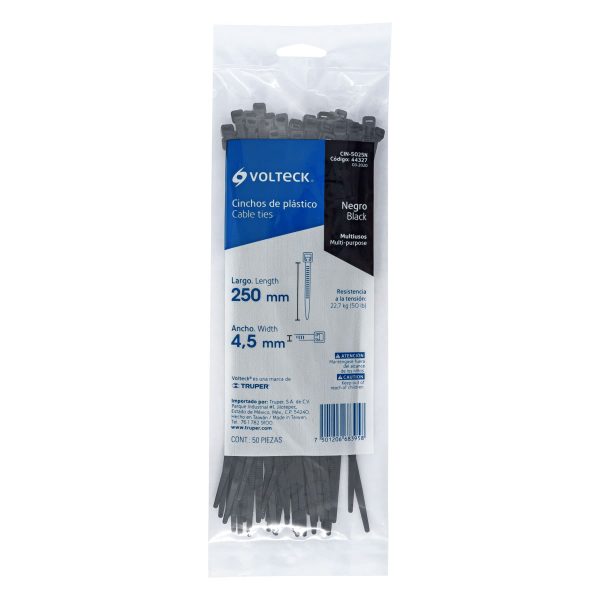 44327 - Bolsa con 50 cinchos plásticos 50 lb, 250x4.5 mm, negros