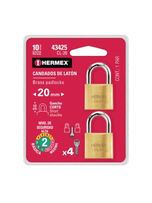 43425 - Blíster con 2 candados de latón de 20mm con gancho corto
