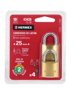 CL-25.jpg 43426 - Blíster con 2 candados de latón de 25mm con gancho corto