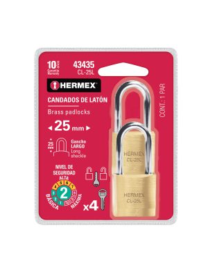 CL-25L.jpg 43435 - Blíster con 2 candados de latón de 25mm con gancho largo