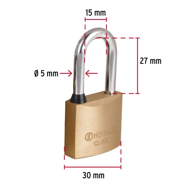 43436 - Candado de latón 30 mm gancho largo en blíster, HERMEX