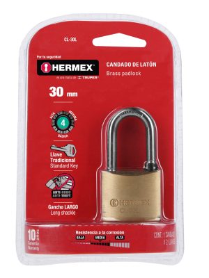 43436 - Candado de latón 30 mm gancho largo en blíster, HERMEX