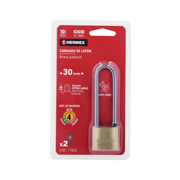 43440 - Candado de latón 30 mm gancho extra largo en blíster, HERMEX