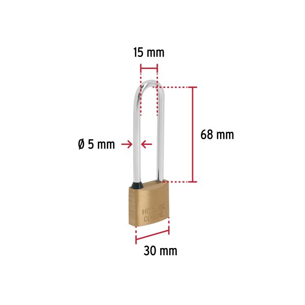 43440 - Candado de latón 30 mm gancho extra largo en blíster, HERMEX