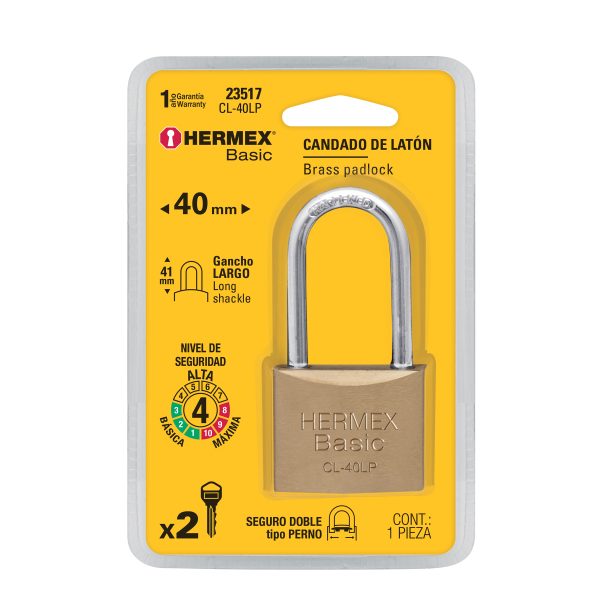 23517 - Candado de latón 40 mm gancho largo en blíster, HERMEX BASIC