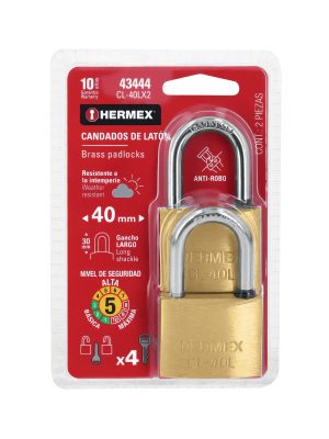 CL-40LX2.jpg 43444 - Blíster con 2 candados de latón de 40mm con gancho largo