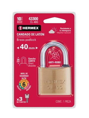 43300 - Candado de latón, 40mm, gancho corto, llave puntos, blister