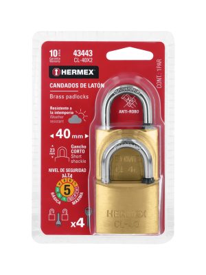 CL-40X2.jpg 43443 - Blíster con 2 candados de latón de 40mm con gancho corto