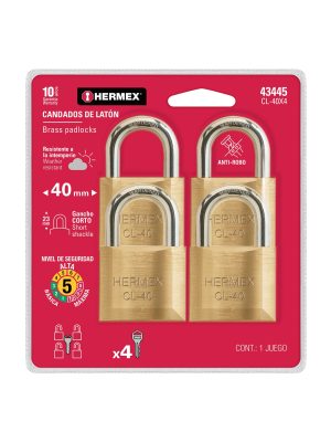 CL-40X4.jpg 43445 - Blíster con 4 candados de latón de 40mm con gancho corto