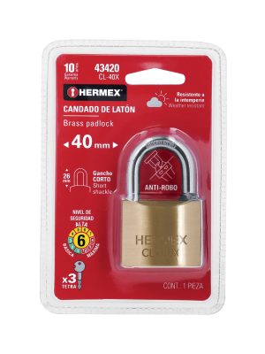 CL-40XE1.jpg 43420 - Candado de latón, 40mm, gancho corto, llave tetra, blister