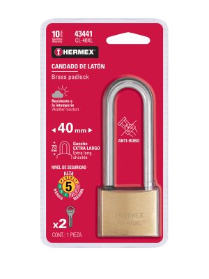 CL-40XLE1.jpg 43441 - Candado de latón 40 mm gancho extra largo en blíster, HERMEX