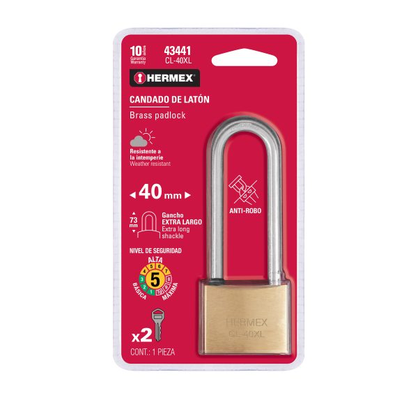 43441 - Candado de latón 40 mm gancho extra largo en blíster, HERMEX