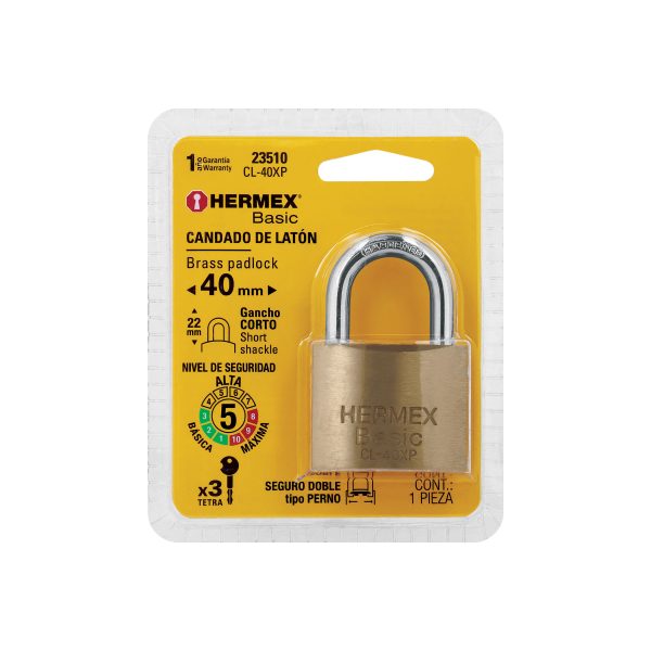 23510 - Candado de latón 40 mm llave tetra en blíster, HERMEX BASIC