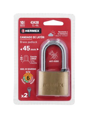 CL-45LE1.jpg 43438 - Candado de latón 45 mm gancho largo en blíster, HERMEX