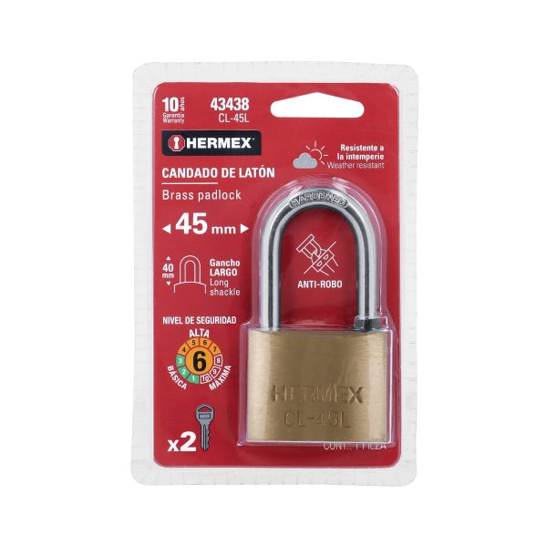 43438 - Candado de latón 45 mm gancho largo en blíster, HERMEX