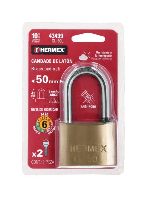 CL-50LE1.jpg 43439 - Candado de latón 50 mm gancho largo en blíster, HERMEX