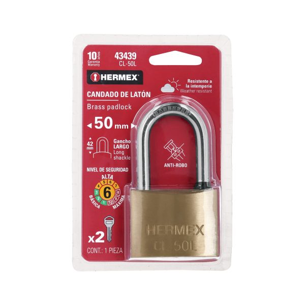 43439 - Candado de latón 50 mm gancho largo en blíster, HERMEX