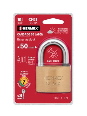 CL-50XE1.jpg 43421 - Candado de latón, 50mm, gancho corto, llave tetra, blister
