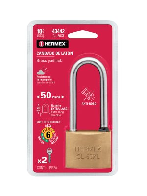 CL-50XLE1.jpg 43442 - Candado de latón 50 mm gancho extra largo en blíster, HERMEX