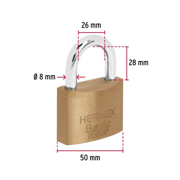 23511 - Candado de latón 50 mm llave tetra en blíster, HERMEX BASIC