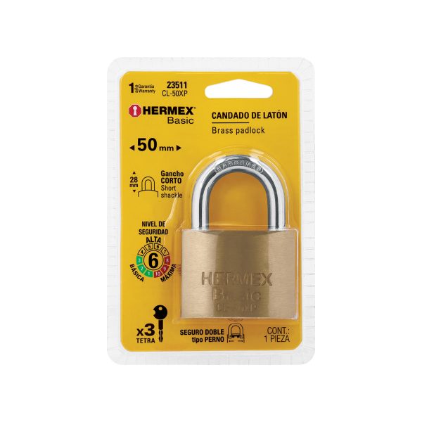 23511 - Candado de latón 50 mm llave tetra en blíster, HERMEX BASIC