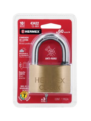 CL-60XE1.jpg 43422 - Candado de latón, 60mm, gancho corto, llave tetra, blister