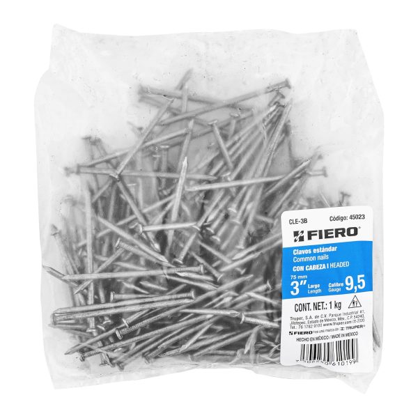 45023 - Bolsa con 1 kg de clavo estándar 3' con cabeza, Fiero