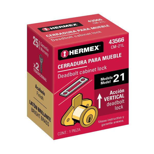 43566 - Cerradura para mueble, modelo 21, latón, HERMEX