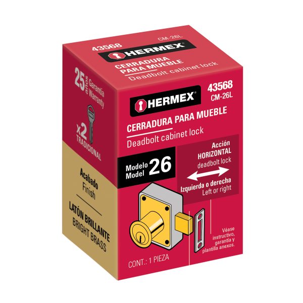 43568 - Cerradura para mueble, modelo 26, latón, HERMEX