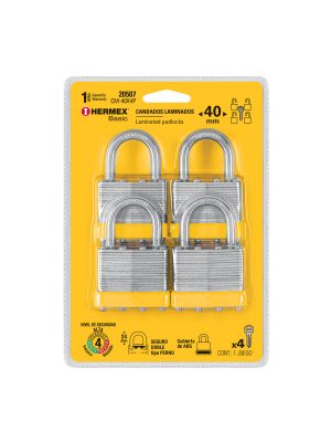 20507 - Juego de 4 candados cuerpo laminado, 40 mm, HERMEX BASIC