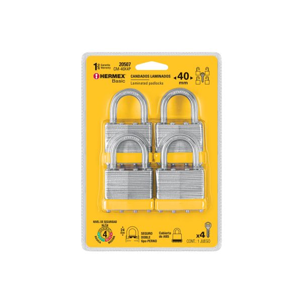 20507 - Juego de 4 candados cuerpo laminado, 40 mm, HERMEX BASIC