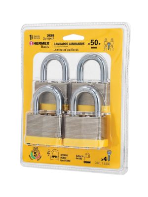 20508 - Juego de 4 candados cuerpo laminado, 50 mm, HERMEX BASIC