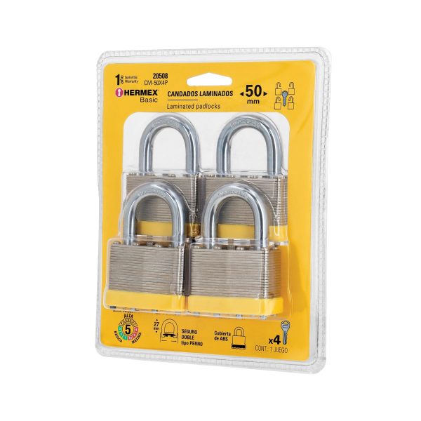 20508 - Juego de 4 candados cuerpo laminado, 50 mm, HERMEX BASIC