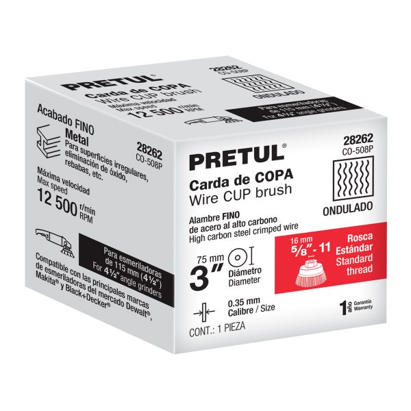 28262 - Carda copa 3' alambre ondulado fino, eje 5/8'-11, Pretul