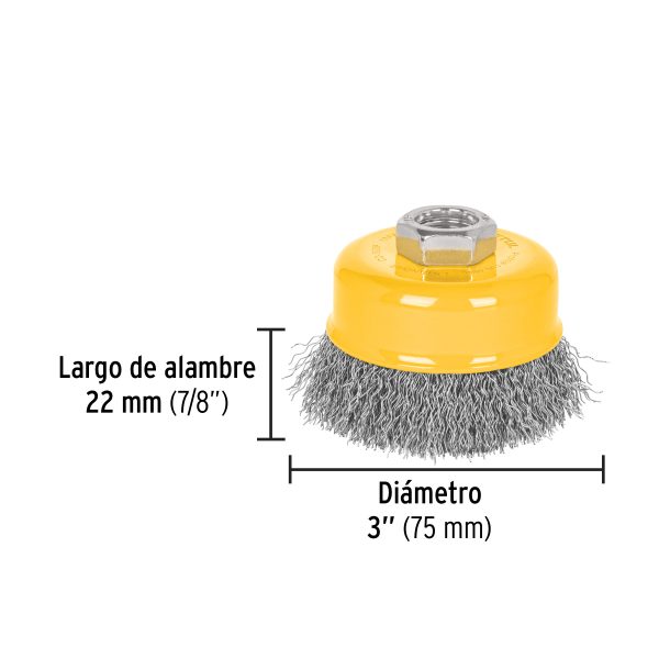 28262 - Carda copa 3' alambre ondulado fino, eje 5/8'-11, Pretul