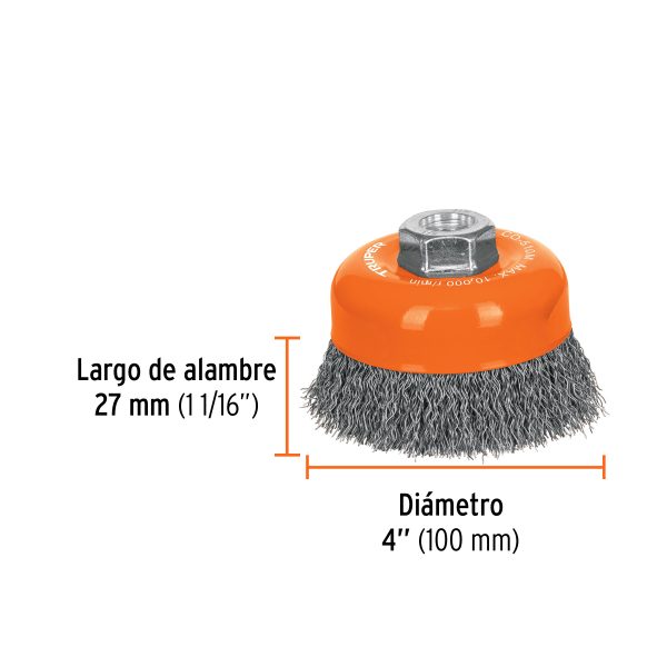 11532 - Carda copa 4' alambre ondulado fino, eje M14, Truper