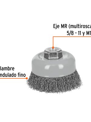 100858 - Carda copa 4' alambre ondulado fino, Multi-rosca, Truper