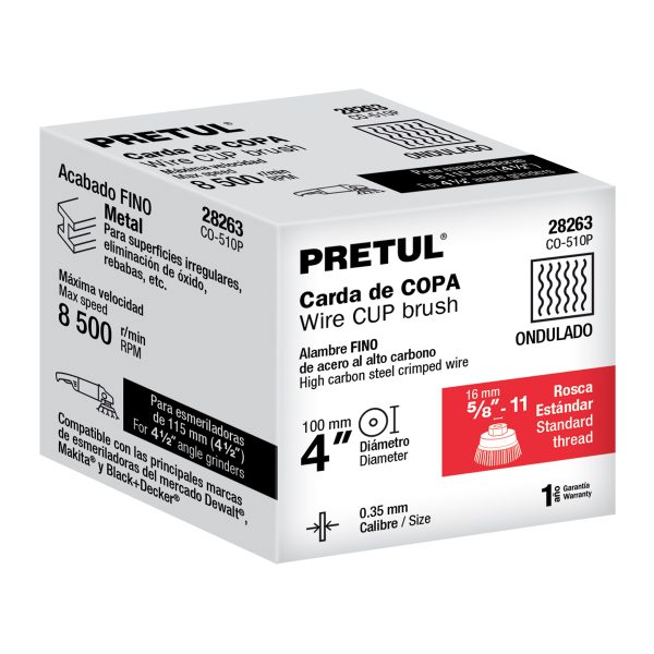 28263 - Carda copa 4' alambre ondulado fino, eje 5/8'-11, Pretul