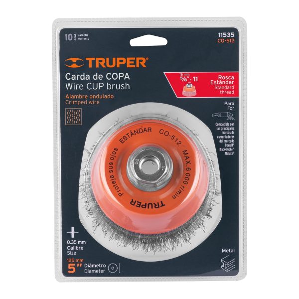 11535 - Carda copa 5' alambre ondulado fino, eje 5/8'-11, Truper