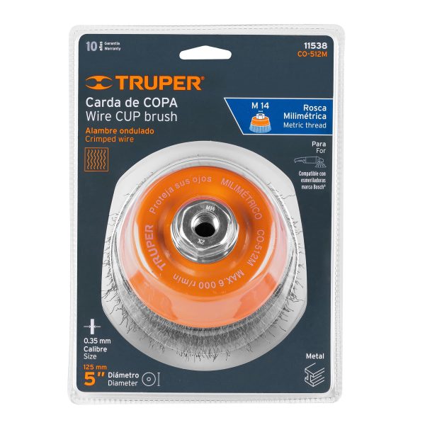 11538 - Carda copa 5' alambre ondulado fino, eje M14, Truper