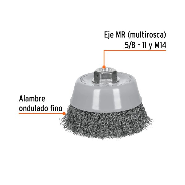 100859 - Carda copa 5' alambre ondulado fino, Multi-rosca, Truper