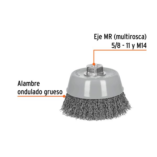 100870 - Carda copa 5' alambre ondulado grueso, Multi-rosca, Truper