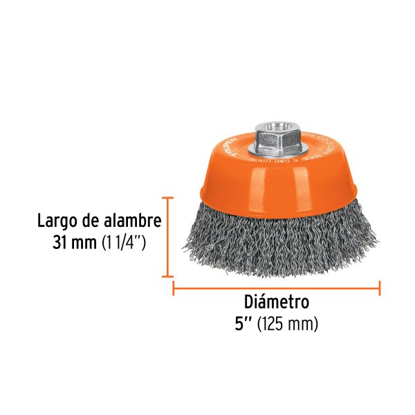 17534 - Carda copa 5' alambre ondulado grueso, eje M14, Truper