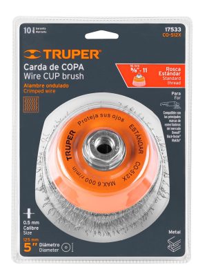 17533 - Carda copa 5' alambre ondulado grueso, eje 5/8'-11, Truper