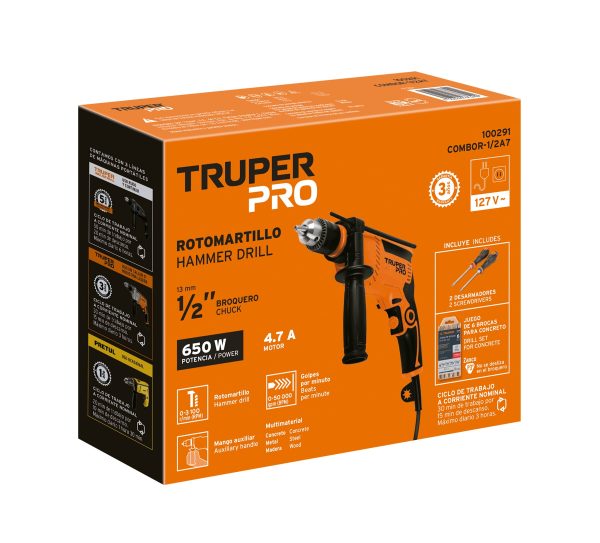 100291 - Combo rotomartillo 1/2' 650W, 6 brocas y 2 desarmadores,PRO