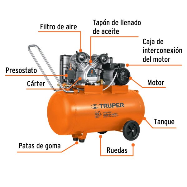 19359 - Compresor lubricado, de banda, 120L,4HP, hor, 220V, TRUPER