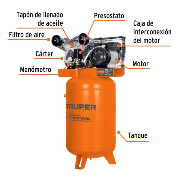 19358 - Compresor lubricado, de banda, 120L, 4HP, vert, 220V, TRUPER