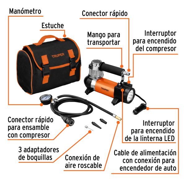 19999 - Compresor de aire 12 V portátil, para auto, incluye maletín