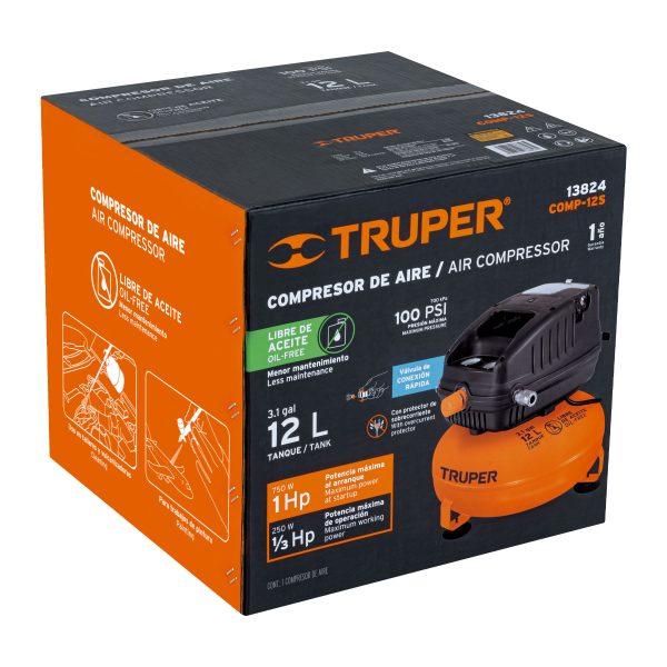 13824 - Compresor libre de aceite, 12L, 1HP, 127V, TRUPER