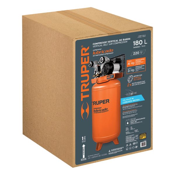 15657 - Compresor lubricado, de banda, 180L, 4HP, vert, 220V, TRUPER